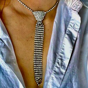 Vintage 1970s Rhinestone Mesh Necktie Necklace/ 70s Disco Sparkly Tie Choker